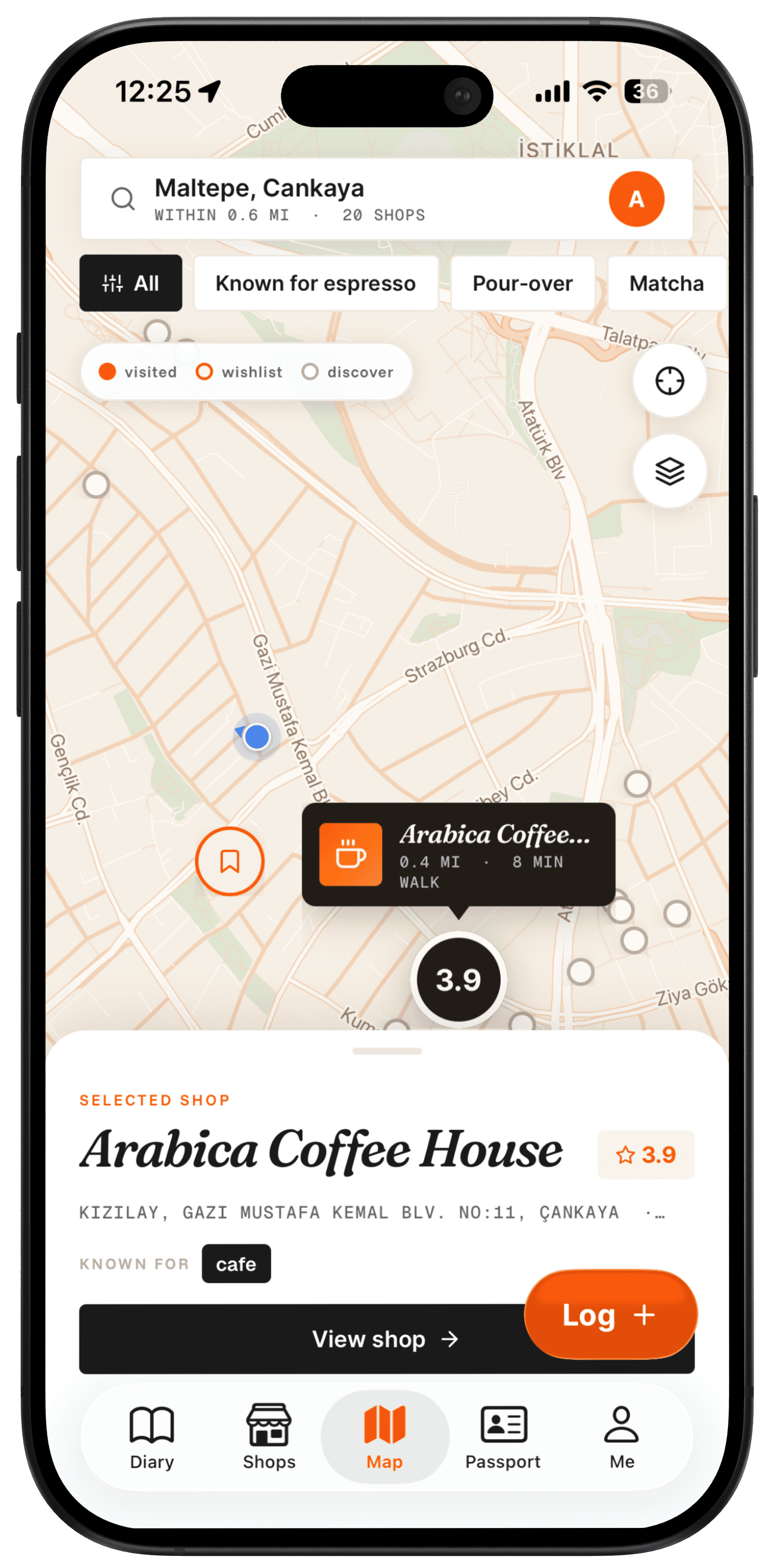 FlatWhite app — map of nearby coffee shops with community drink ratings