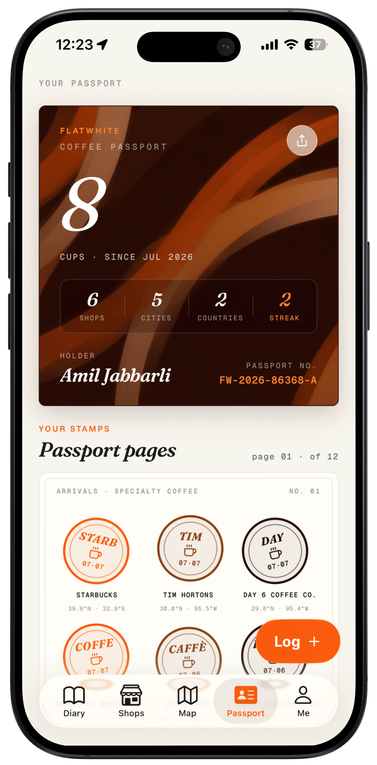 FlatWhite app — Coffee Passport screen with cup count, stats and shop stamps