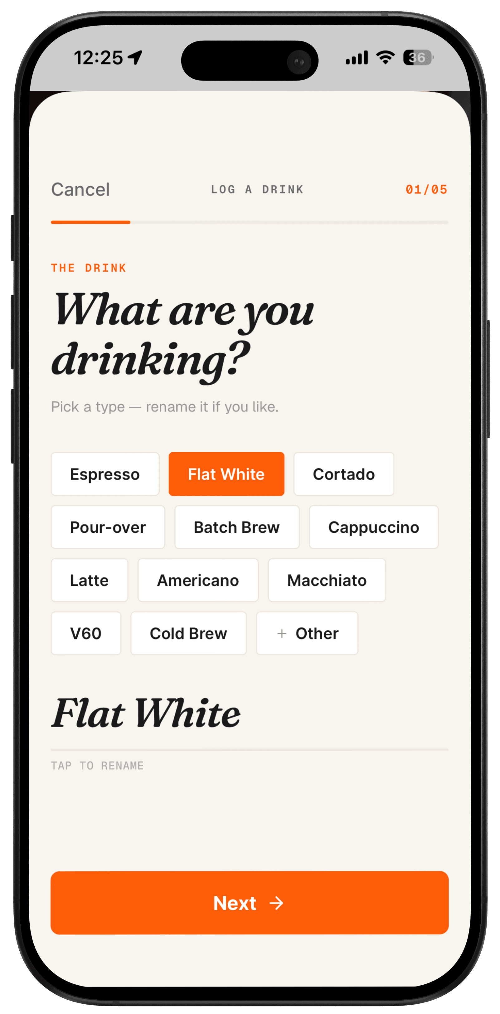 FlatWhite app — logging a drink by picking its type
